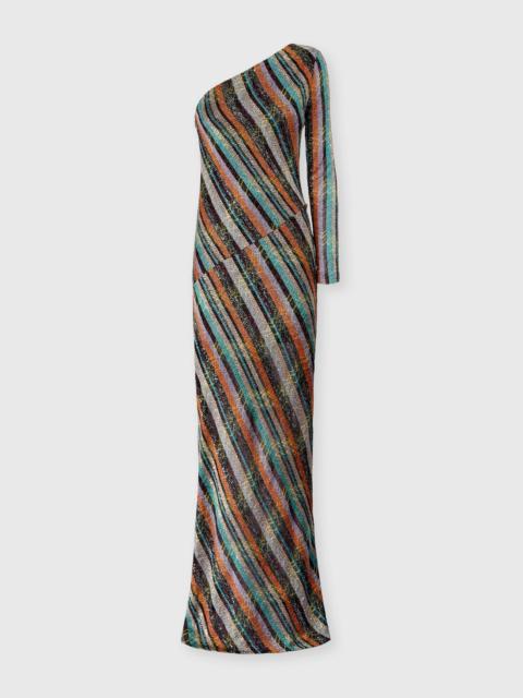 Missoni Long one-shoulder dress in an irregular zigzag knit with sequins