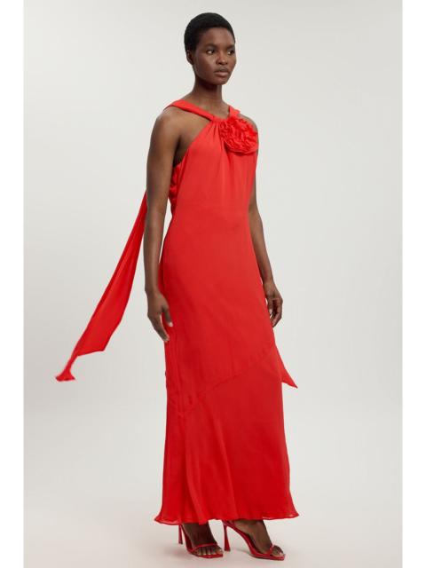 KAREN MILLEN Viscose Georgette Rosette Ruffle Halterneck Maxi Dress