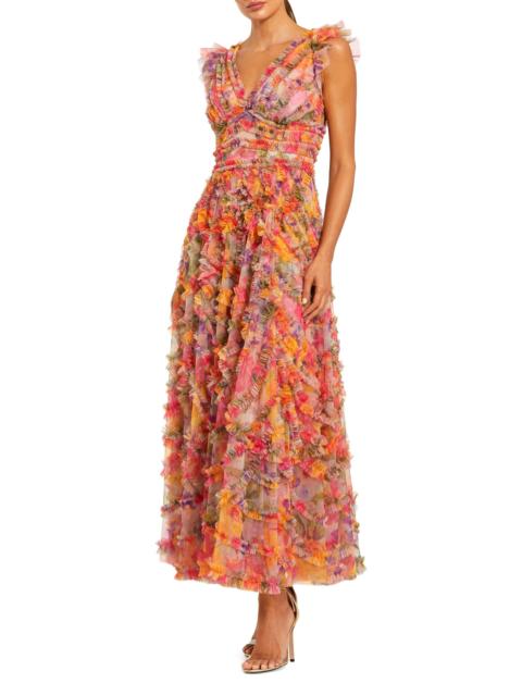 MAC DUGGAL Women's Floral Mesh Ruffled V-Neck Maxi Dress - Multi