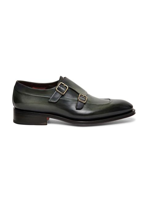 Santoni Men’s green leather double-buckle shoe