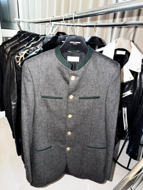SAINT LAURENT Saint Laurent FW14 Grey Heathered Wool Stand-Collar Velvet Trim Coat by Hedi Slimane