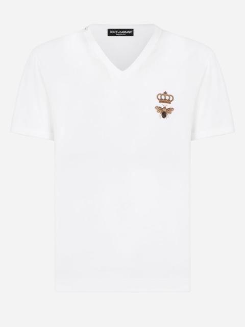 V-neck cotton t-shirt with bee and crown embroidery
