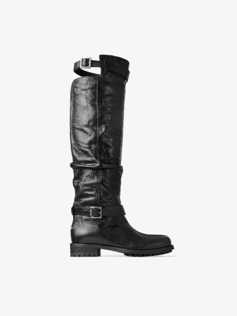 JIMMY CHOO Biker Knee Boot Black Lamb Leather Knee-High Biker Boots