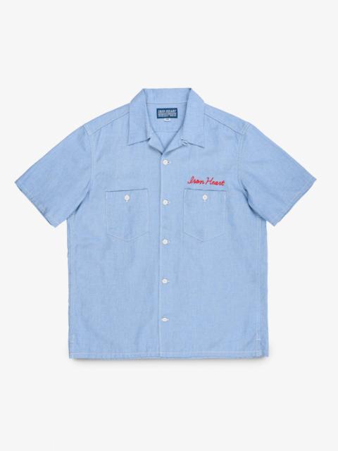 Iron Heart IHSH-447-SAX 5OZ COTTON LINEN OPEN COLLAR SHORT SLEEVE SHIRT - SAX BLUE