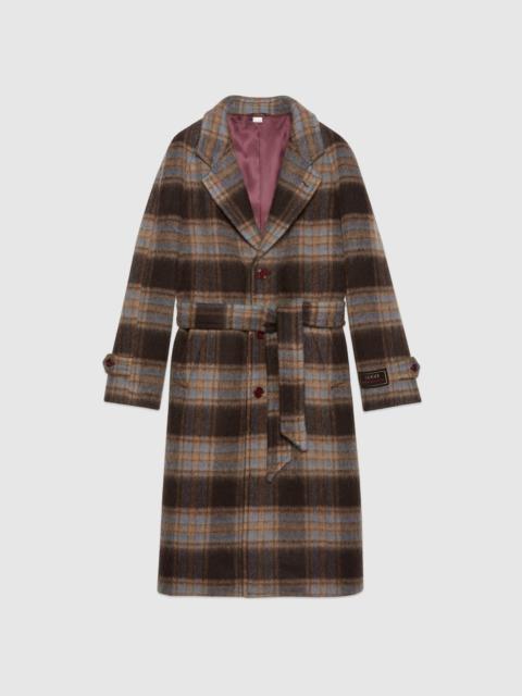 Check wool coat with Gucci label