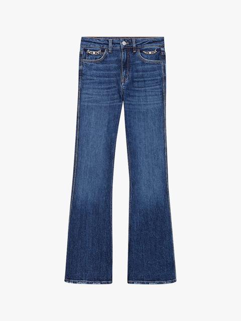 Chain-embellished high-rise stretch-denim flared jeans