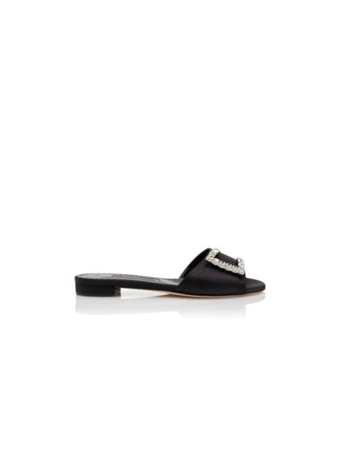 Black Satin Embellished Flat Sandals