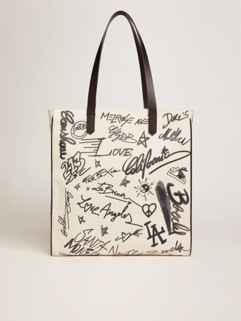 Golden Goose White North-South California Bag with contrasting black graffiti print