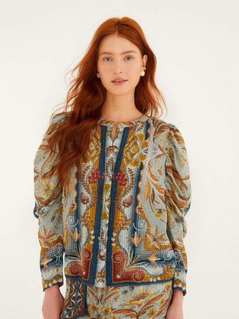 FARM RIO Blue Mosaic Garden Long Sleeve Blouse