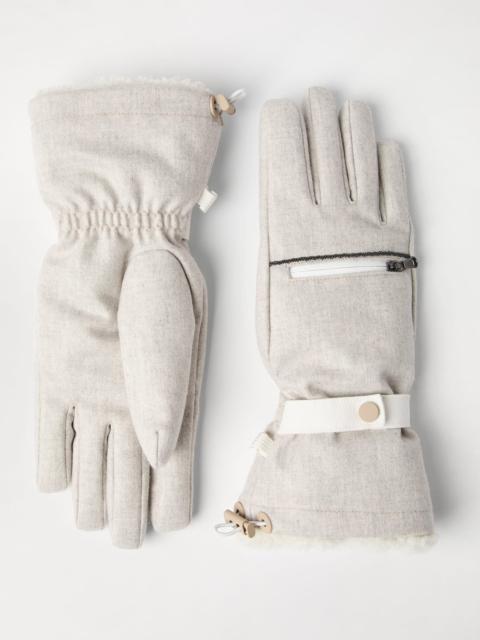 Brunello Cucinelli Virgin wool flannel mountain gloves with shearling insert, Thermore® padding and monili