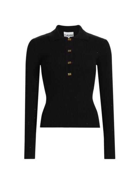 GANNI Women's Fine Sequin Wool-Blend Polo Sweater - Black