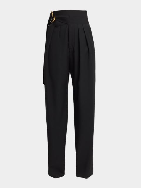Chloé Double-Buckle Pleated Straight-Leg Trousers