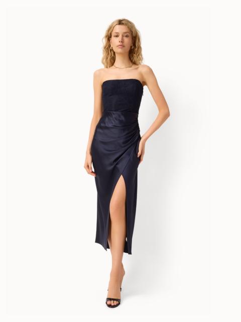 CAMI NYC ECHO STRAPLESS MIDI DRESS NAVY