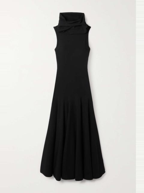 Hooded pleated stretch-knit midi dress