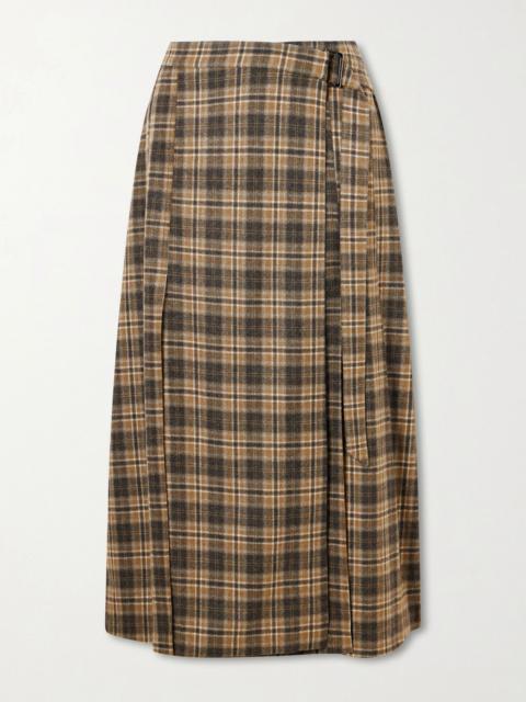 Brunello Cucinelli Checked wool-blend wrap midi skirt Brown