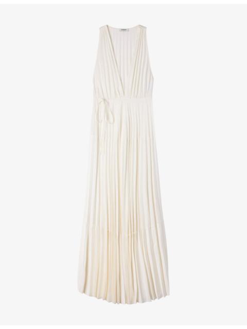 Sandro Pleated V-Neck Woven Maxi Dress