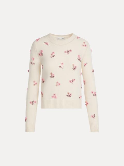 Oscar de la Renta PORCELAIN FLOWER SEQUIN EMBROIDERED PULLOVER
