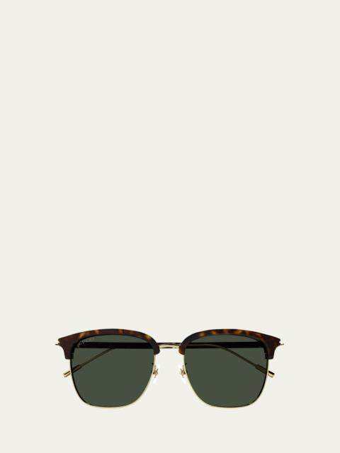 Men's Half-Rim Acetate/Metal Round Sunglasses