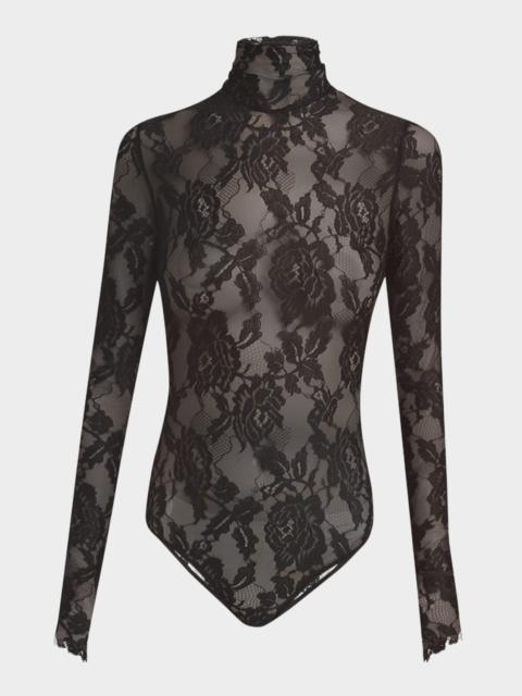 Valentino Turtleneck Long-Sleeve Lace Bodysuit