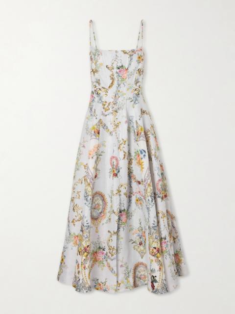 CAMILLA Crystal-embellished Printed Linen And Silk-blend Midi Dress