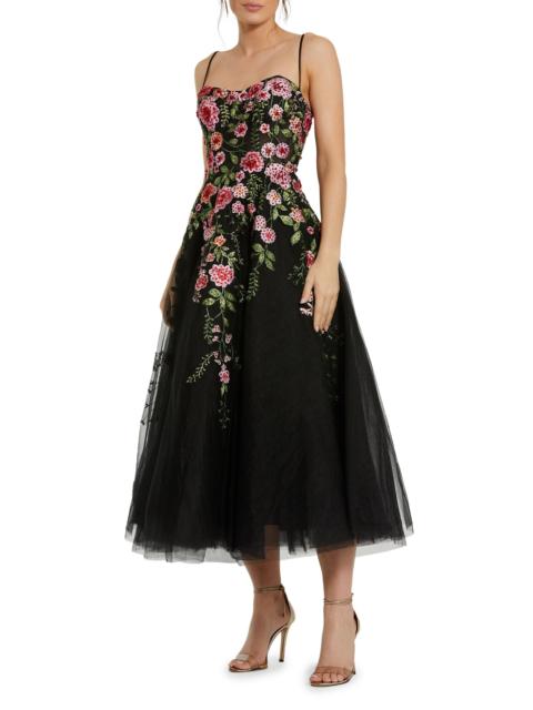 MAC DUGGAL Women's Cocktail Floral Embroidered Tulle Midi-Dress - Black Multi
