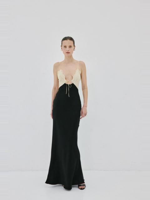 De La Vali MAEVE MAXI DRESS IN BLACK AND SOFT YELLOW SATIN