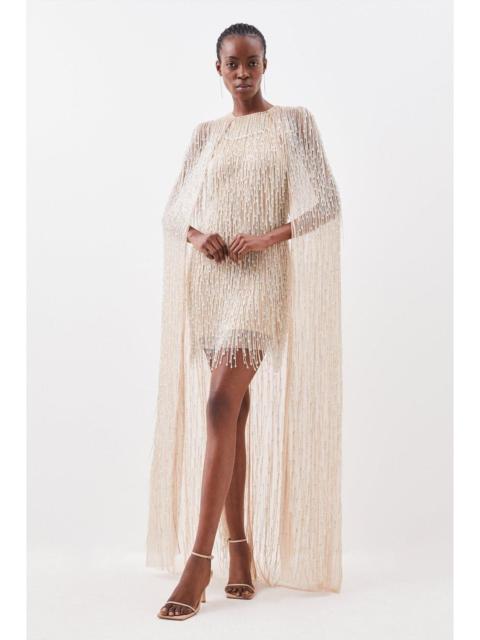 KAREN MILLEN Embellished Fringe Caped Woven Mini Dress