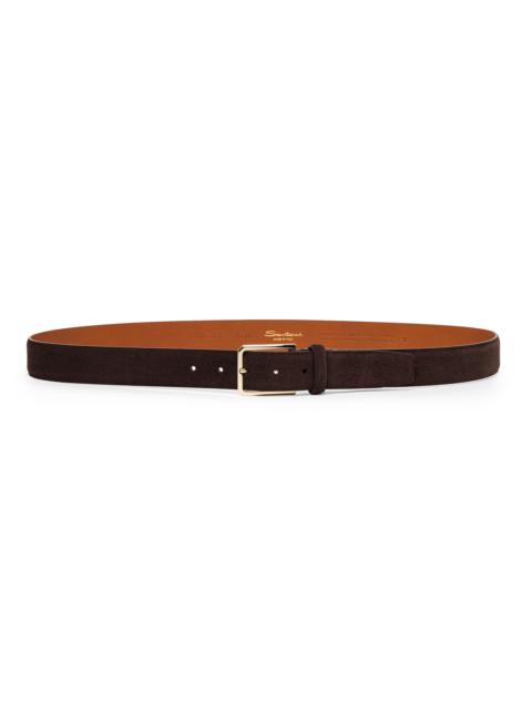 Santoni Men's Suede Buckle Belt - Dark Brown
