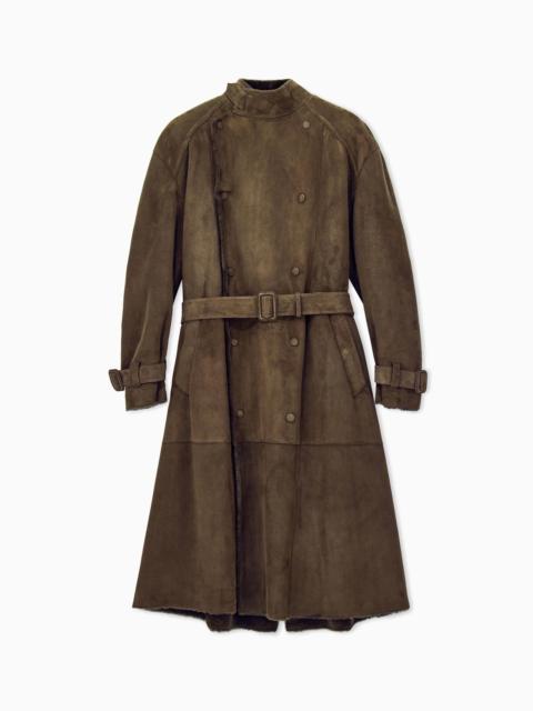 GIORGIO ARMANI DOUBLE-BREASTED SHEARLING TRENCH COAT WITH HIGH COLLAR AND BELT