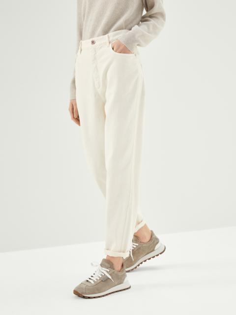 Brunello Cucinelli Dyed comfort denim curved trousers with shiny tab