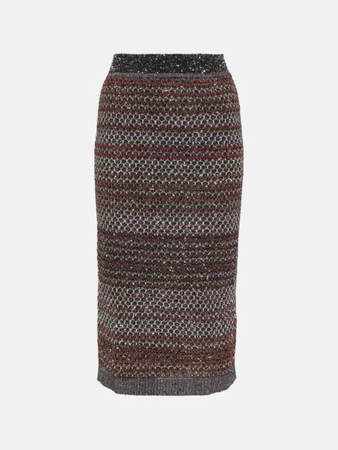 Striped sequined knitted pencil skirt