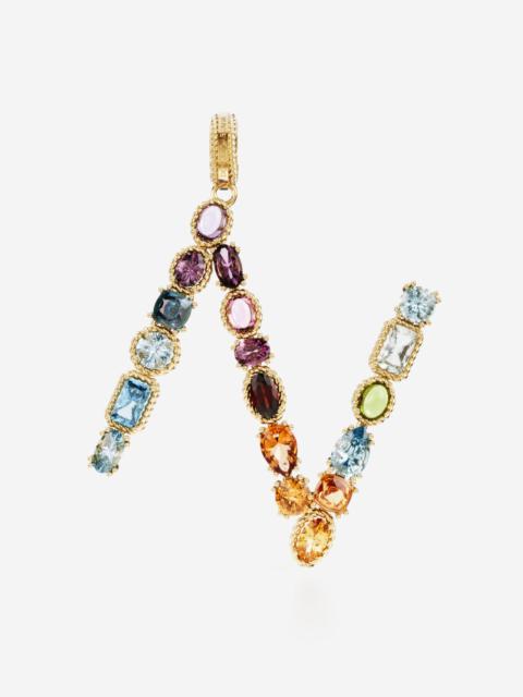 Rainbow alphabet N 18 kt yellow gold charm with multicolor fine gems