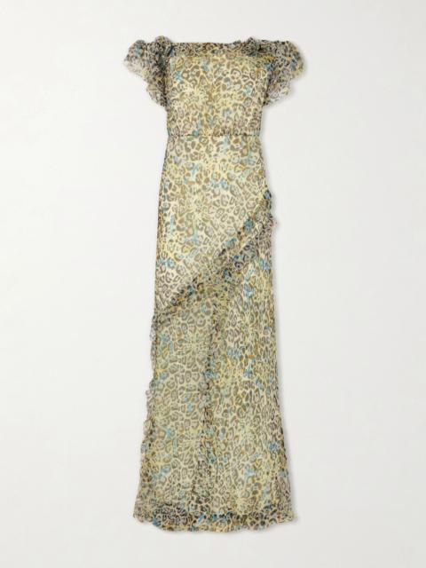 SALONI Nina off-the-shoulder ruffled printed silk gown Leopard print
