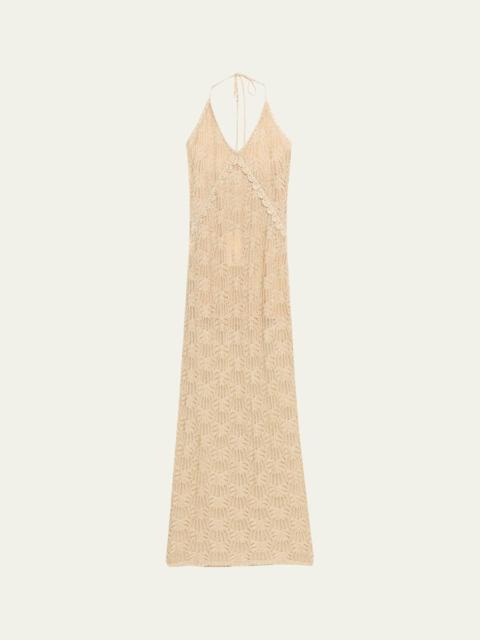 LoveShackFancy Vreya Metallic Crochet Halter Dress
