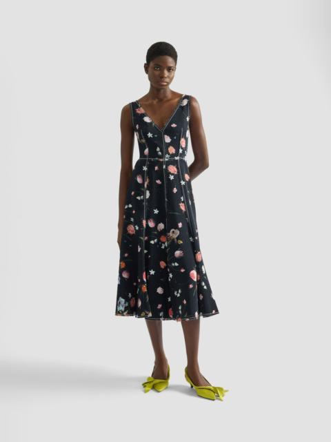 FLORAL PRINT TEXTURED TWILL SLEEVELESS MIDI DRESS