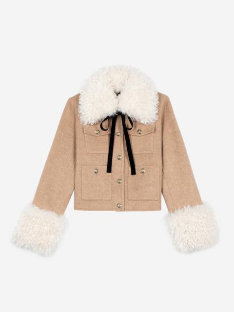 The Kooples SHORT WOOL JACKET WITH BEIGE SHERPA COLLAR