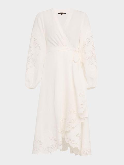 KOBI HALPERIN Sigal Embroidered Lace-Inset Midi Wrap Dress