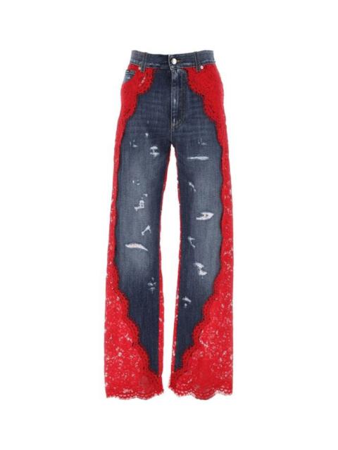 Two-tone denim and lace jeans