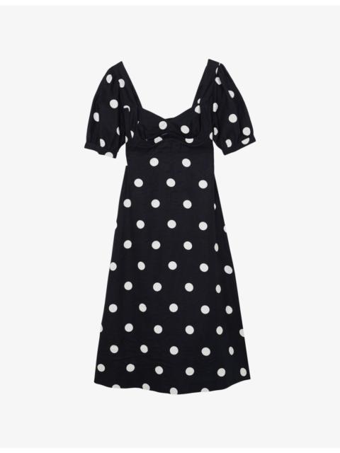 REISS Astrid Puff-Sleeve Polka-Dot Linen Midi Dress