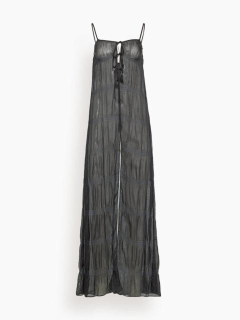 KIKI DE MONTPARNASSE Smocked Silk Maxi Tie Gown in Black