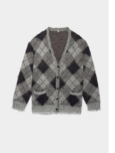 OVERSIZED DISTRESSED EDGE CARDIGAN - GREY/GREEN ARGYLE