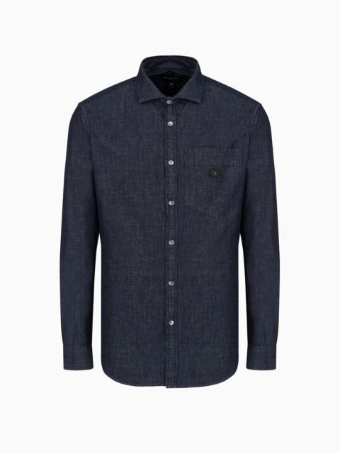 EMPORIO ARMANI Denim shirt with breast pocket and logo patch