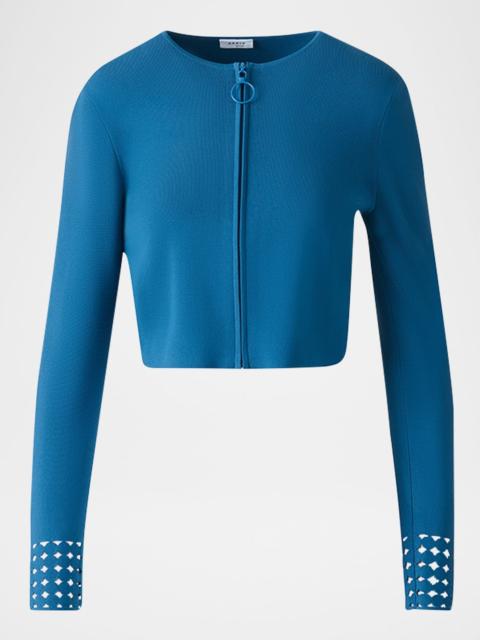 AKRIS Dot Lace-Cuff Knit Crop Zip Cardigan