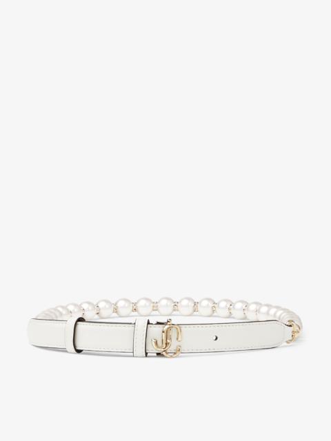 JIMMY CHOO JC Chain
Latte Leather Waist Belt with Pearls and Gold JC Emblem