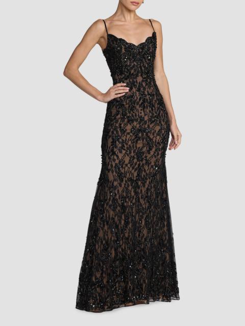 MAC DUGGAL Women's Beaded Lace Trumpet Gown - Black Beige