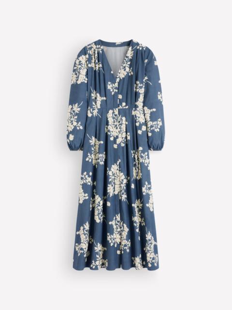 BODEN Nicola Cotton Midi Dress-Blue, Flecked Bunch