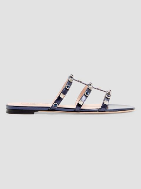 Valentino Women's Rockstud Slide Sandals in Laminated Nappa with Cabochon - Navy