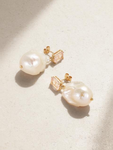 MATEO 14-karat Gold, Pearl And Rose Quartz Earrings