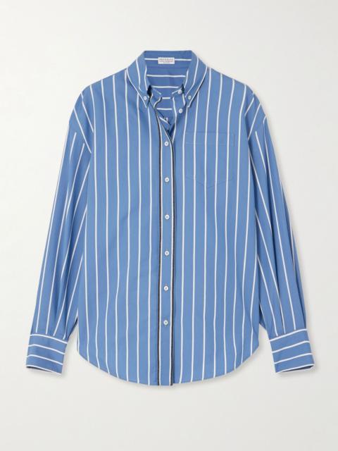 Brunello Cucinelli Bead-embellished striped cotton and silk-blend poplin shirt Blue