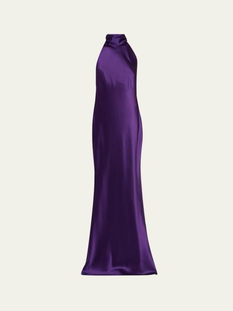 Ralph Lauren Chilton Halter Stretch Satin Evening Dress